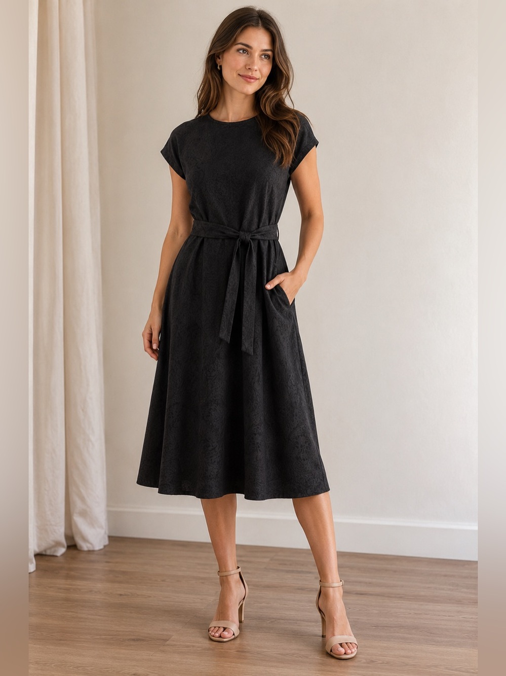 Vintage Peck & Peck 100% Silk Black Paisley Midi Dress Belted Size 6